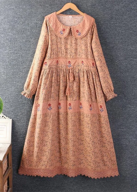 Elegant Orange Embroideried Tie Waist Pockets Linen Dresses Spring Discounted unclassified dresses