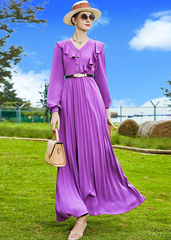 Elegant Purple V Neck Patchwork Ruffles Chiffon Pleated Dress Spring Beaded unclassified dresses