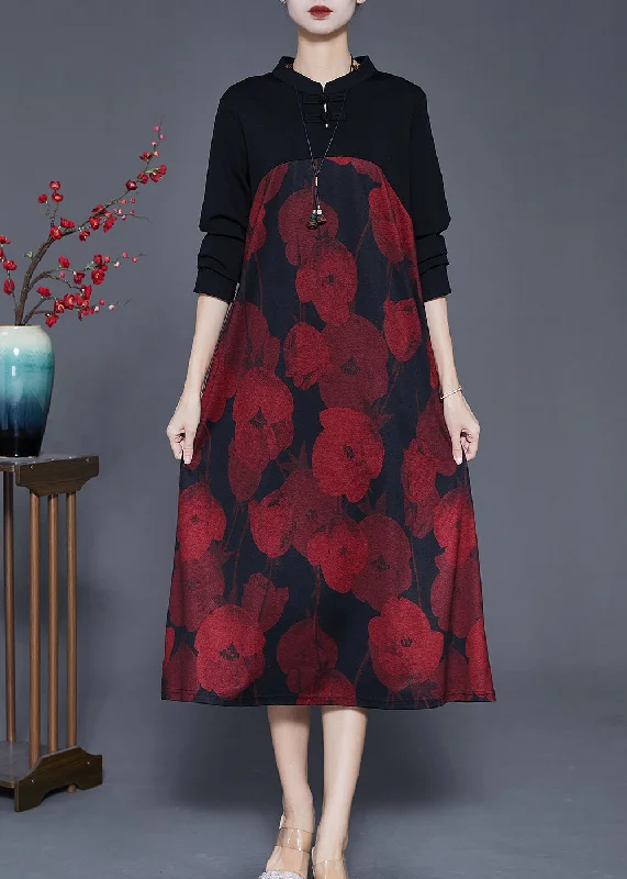 Elegant Red Mandarin Collar Print Cotton Holiday Dress Spring Lace unclassified dresses