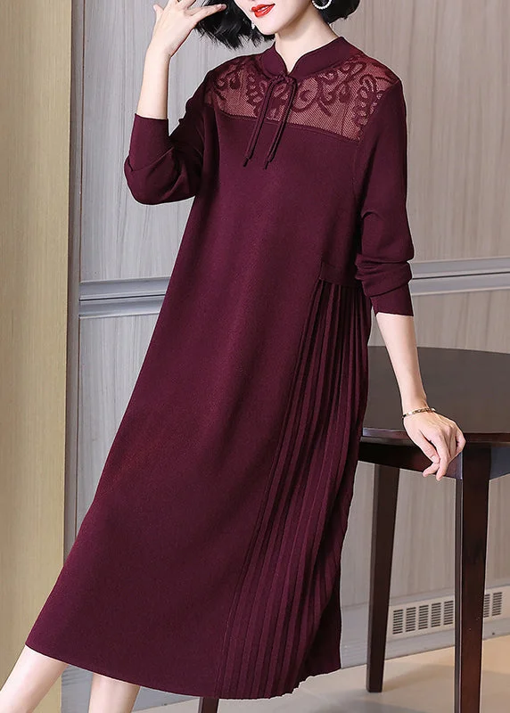 Elegant Wine Red Stand Collar Button Cotton Knit Dresses Spring Festival unclassified dresses