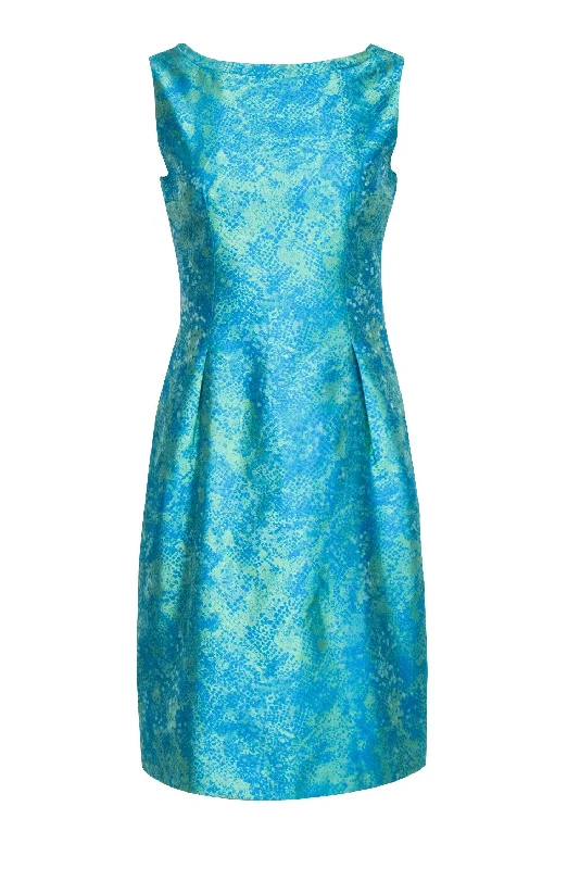 Elie Tahari - Iridescent Teal and Green Sleeveless Sheath Dress w/ Snake Print Sz 6 Knitted unclassified dresses