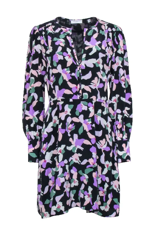 Equipment - Navy, Lavender, & Green Print Silk Dress Sz 8 One-shoulder unclassified dresses