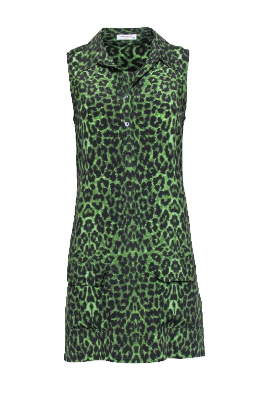 Equipment - Green & Black Leopard Print Silk Sleeveless Button-Up Dress Sz XS Unique unclassified dresses