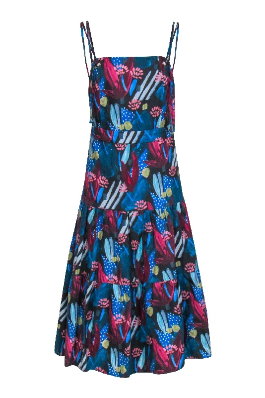 Eva Franco - Teal Blue & Red Leaf Print Dress Sz L Lightweight unclassified dresses