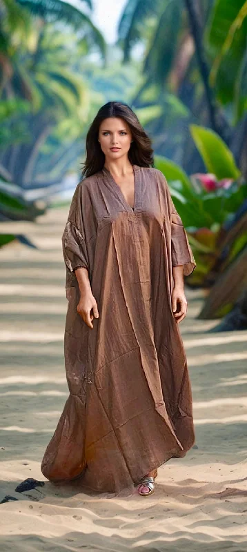 Exclusive luxury 100% organic Silk kaftan - free size in Kaki One-shoulder unclassified dresses