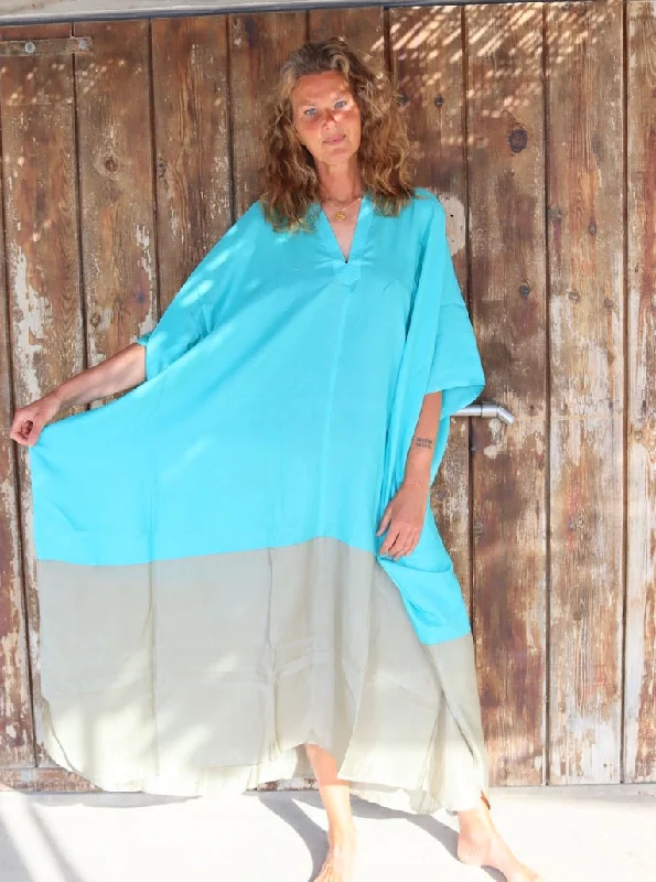 Exclusive luxury Silk kaftan Beige and turquoise Vacation unclassified dresses