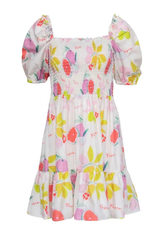 Fasce - Ivory w/ Fruit Print Smocked Bodice Dress Sz M Plus size unclassified dresses