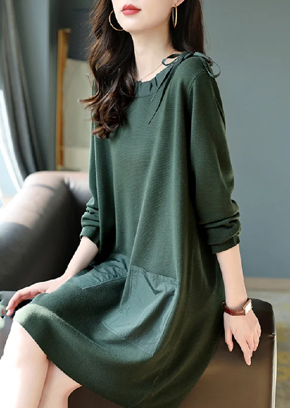 Fashion Blackish Green Oversized Drawstring Cotton Dress Spring High-low unclassified dresses