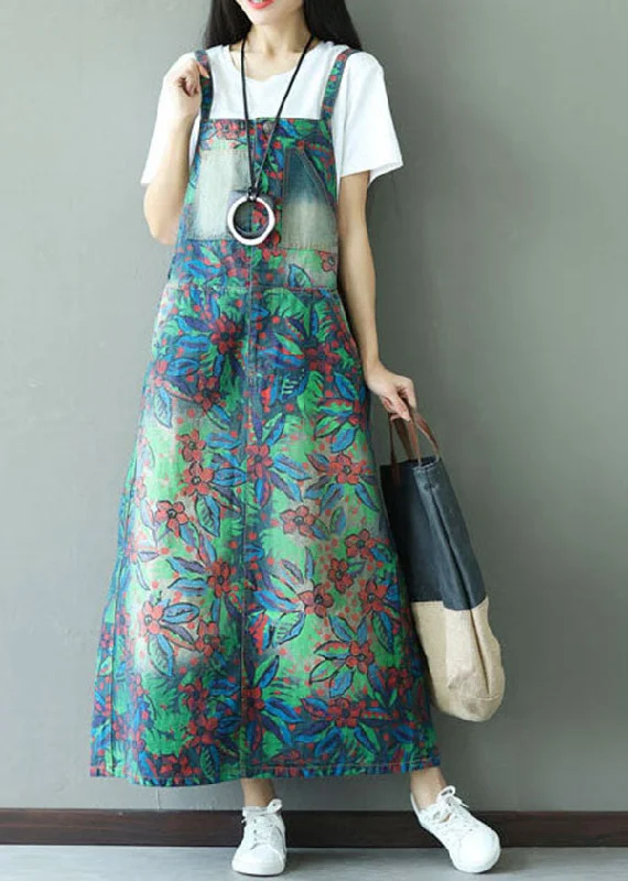 Fashion Green Patchwork Pockets Print Elastic Waist Dress Spring Fall unclassified dresses