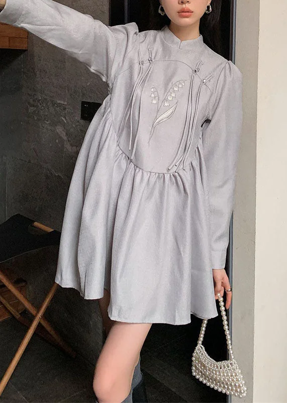 Fashion Grey Stand Collar Tasseled Embroidered Patchwork Silk Dress Spring Trendy unclassified dresses