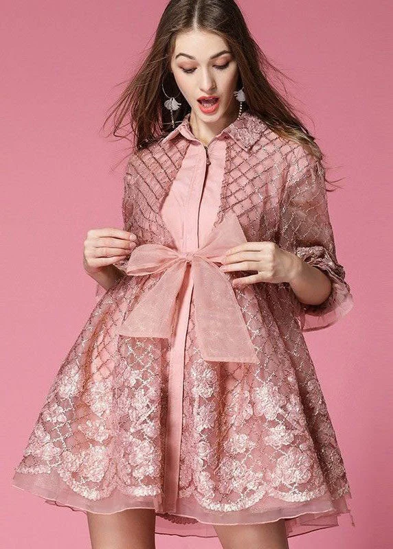 Fashion Pink Peter Pan Collar Bow Organza Day Dress Spring Silk unclassified dresses