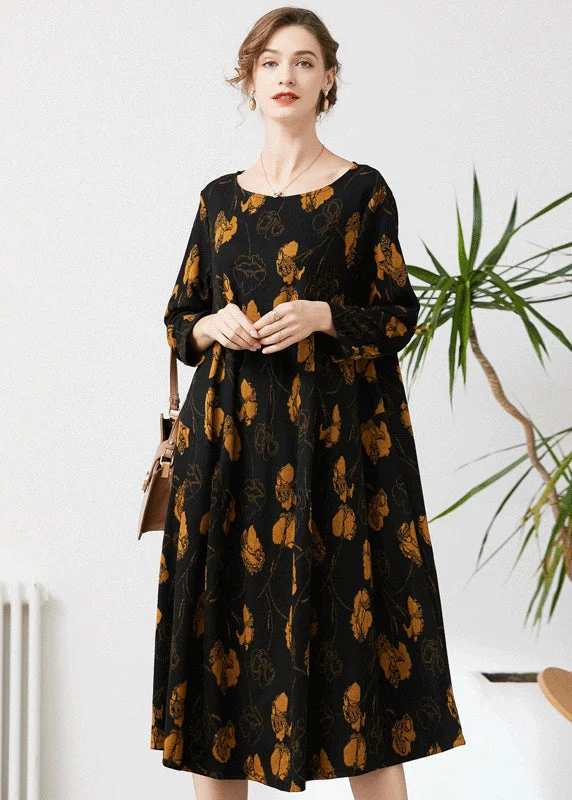 Fine Black O-Neck Oversized Print Cashmere Dresses Spring Bold pattern unclassified dresses