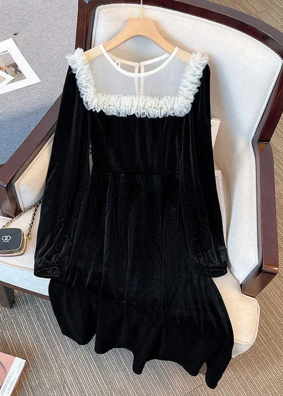 Fine Black O Neck Patchwork Ruffled Velour Mid Dress Spring Spring unclassified dresses