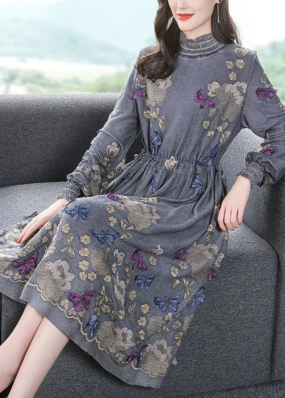 Fine Grey High Neck Embroidered Butterfly Wool Cinched Dress Spring Beaded unclassified dresses