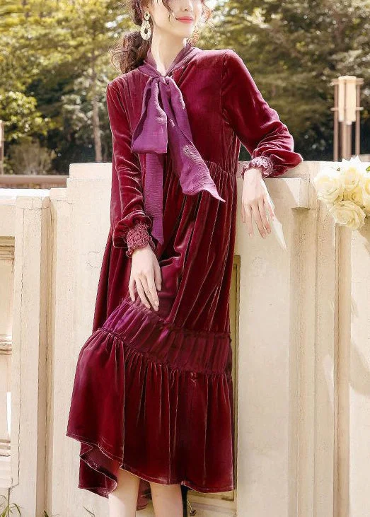 Fine Mulberry Bow Collar Ruffled Patchwork Silk Velour Dresses Spring Date night unclassified dresses