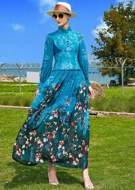 Fine Peacock Blue Mandarin Collar Ruffled Print Chiffon Cinch Dresses Spring Earthy tone unclassified dresses