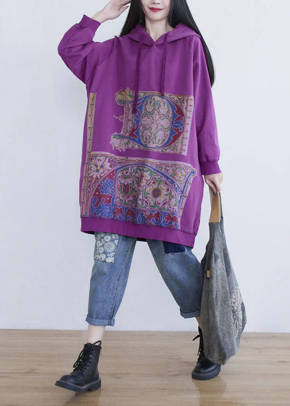 Fine Purple Hooded Print Cotton Mid Dress Spring Bright color unclassified dresses