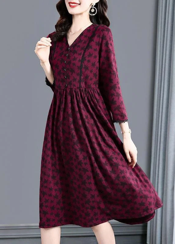 Fitted Brick Red V Neck Patchwork Print Cotton Dress Spring Gothic unclassified dresses