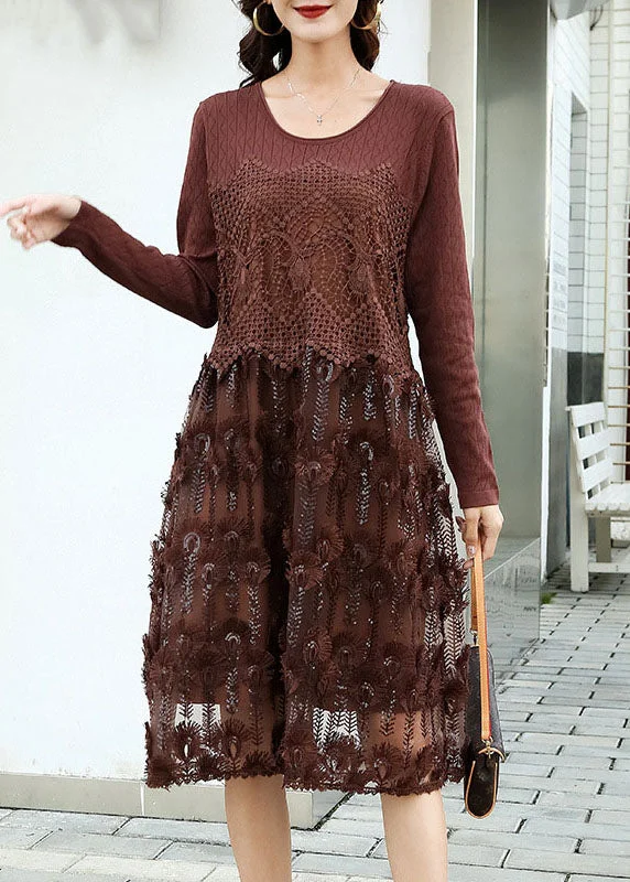 Fitted Coffee Embroidered Patchwork Knit Dresses Spring Printed unclassified dresses