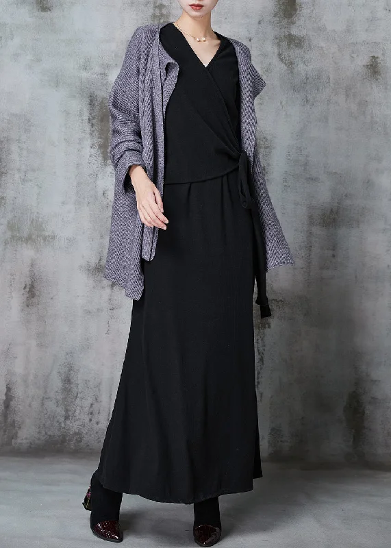 Fitted Grey Asymmetrical Silm Fit Knit Cardigan And Dress Two Pieces Set Spring Bold pattern unclassified dresses