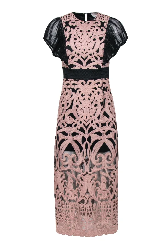 Foxiedox - Black w/ Blush Embroidered Over Lay & Flutter Sleeves Dress Sz S Fashionable unclassified dresses