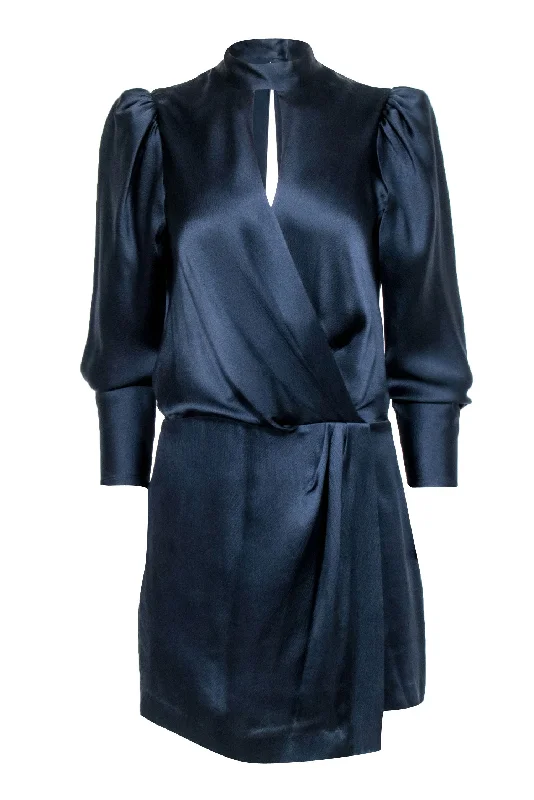 Frame - Navy Silk Faux Wrap Dress Sz S Preppy unclassified dresses