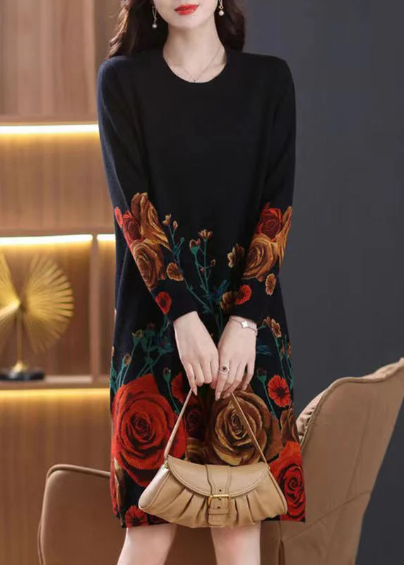 French Black O-Neck Print Wool Knit Dresses Spring Smocked unclassified dresses