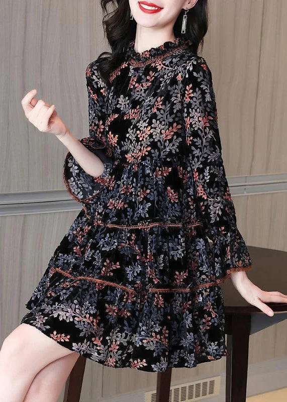 French Black Ruffled Print Silk Velour Mid Dress Spring Embroidered unclassified dresses