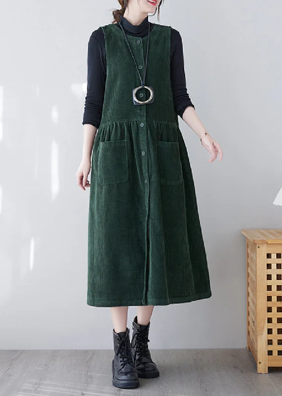 French Green O-Neck Patchwork Pockets Corduroy Vacation Dresses Spring Engagement unclassified dresses