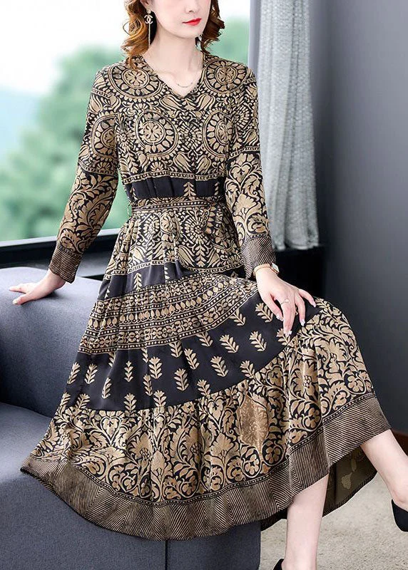 French Khaki V Neck Print Exra Large Hem Silk Dress Spring One-shoulder unclassified dresses