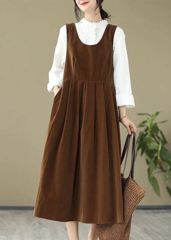 French Light Brown U Neck Bow Velour Strap Dress Spring Preppy unclassified dresses