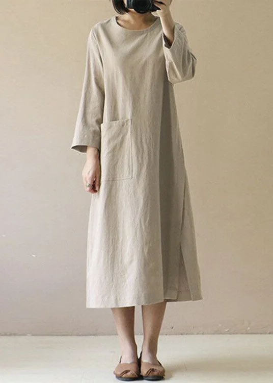 French O Neck Pockets Patchwork Linen Dress Spring Chic unclassified dresses