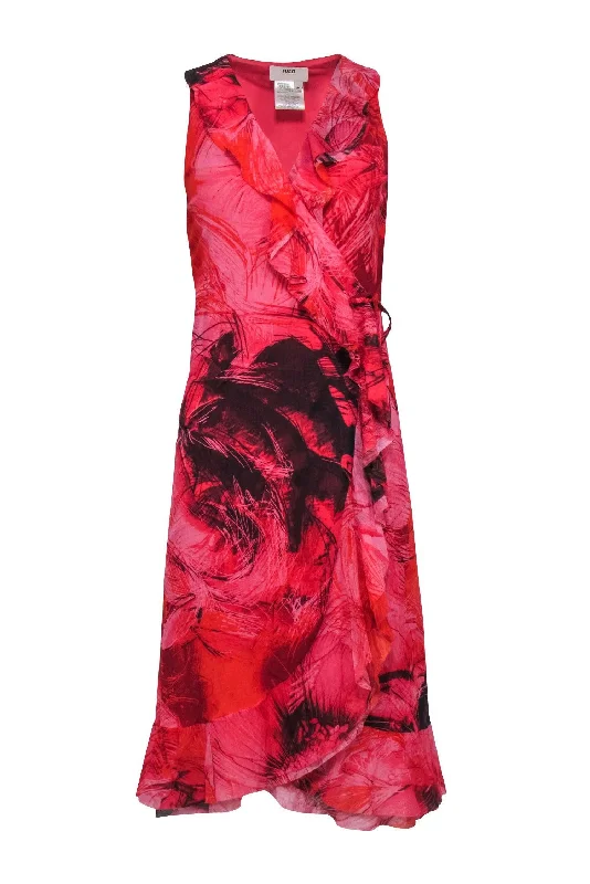 Fuzzi - Coral & Red Print Ruffle Trim Sleeveless Wrap Dress Sz M Vintage unclassified dresses