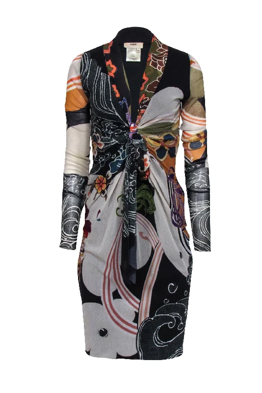 Fuzzi - Black, Green, & Orange, White Print Knot Front Dress Sz M Printed unclassified dresses