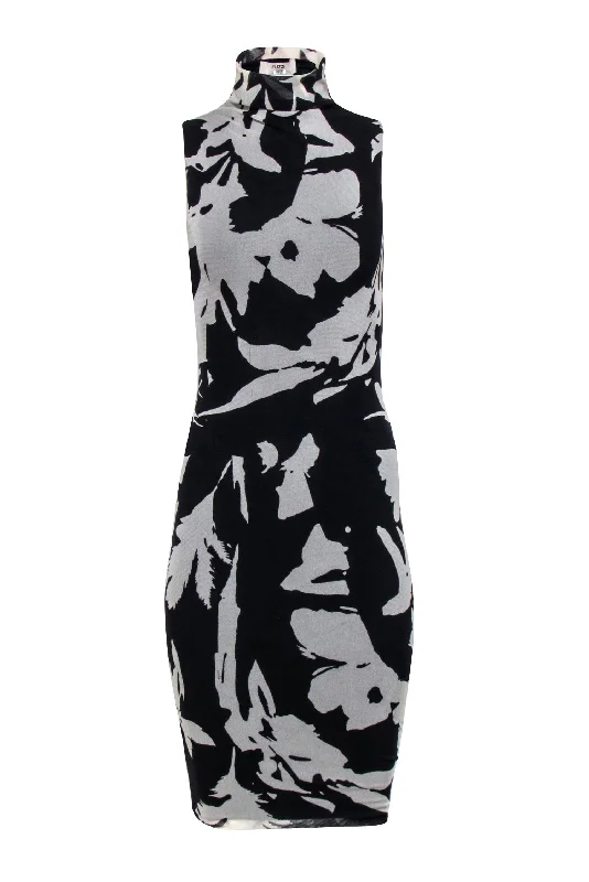 Fuzzi - Black & Cream Print Mock Neck Fitted Dress Sz XS Holiday unclassified dresses