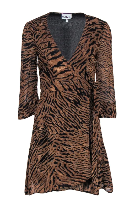 Ganni - Brown & Black Tiger Print Wrap Dress Sz 4 Trendy new unclassified dresses