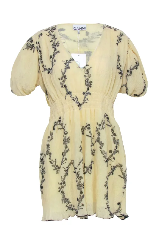 Ganni - Pale Yellow & Black Print Dress Sz 6 Party unclassified dresses