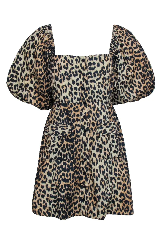 Ganni - Beige & Black Leopard Print Balloon Sleeve Dress Sz 8 Smocked unclassified dresses