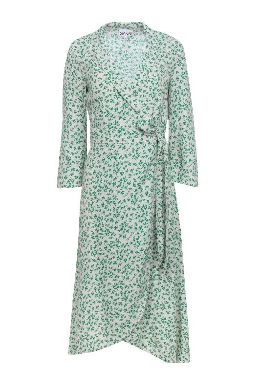 Ganni - Ivory & Green Print Wrap Dress Sz 4 Neutral tone unclassified dresses