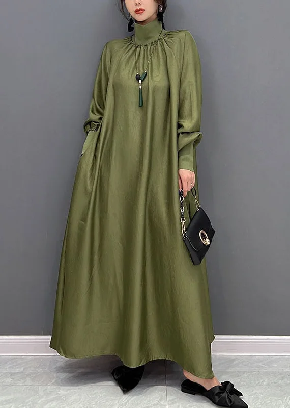 Green Loose Silk A Line Dresses High Neck Draping Spring Bright color unclassified dresses