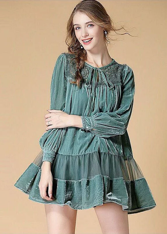 Green Patchwork Velour Day Dress Embroidered Hollow Out Spring Cocktail unclassified dresses