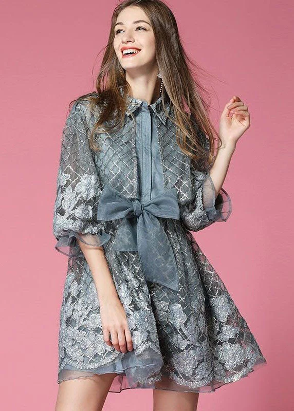 Grey Organza Vacation Dress Embroidered Hollow Out Spring Preppy unclassified dresses