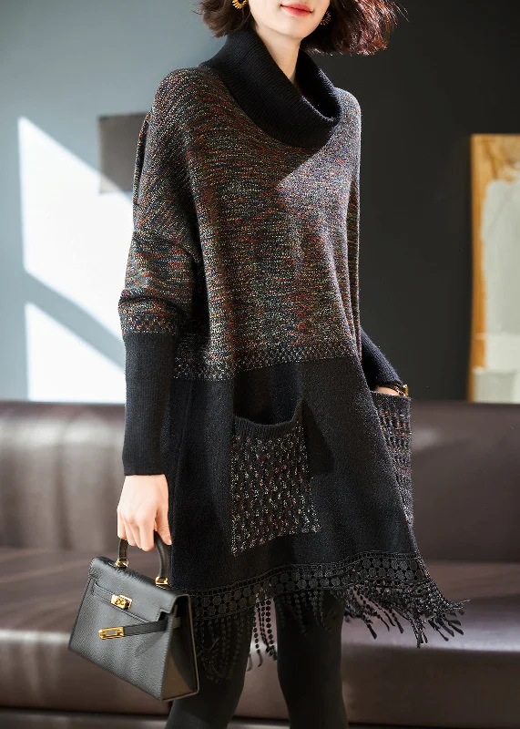 Grey Patchwork Knit Holiday Dress Turtle Neck Tasseled Spring Off-shoulder unclassified dresses