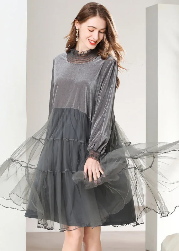 Grey Patchwork Silk Velour Holiday Dresses Oversized High Neck Spring High-end unclassified dresses