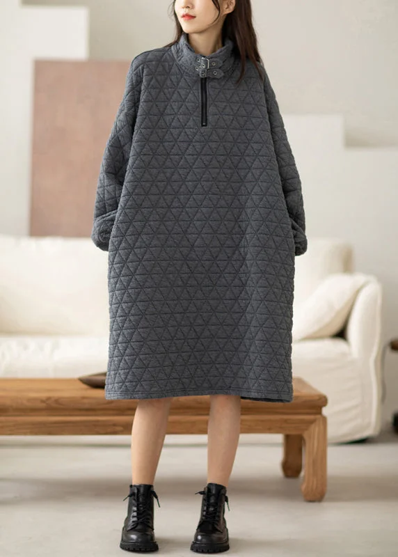 Grey Warm Cotton A Line Dress Stand Collar Oversized Spring Printed unclassified dresses