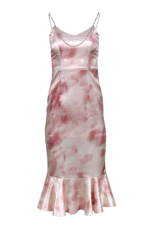 Guo Jingyi - Pink & White Print Satin Dress w/ Rhinestone Straps Sz S Off-shoulder unclassified dresses