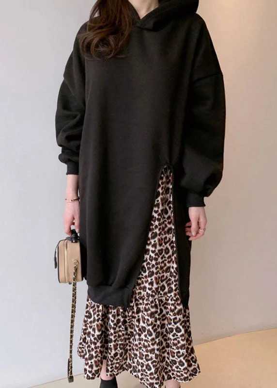 Handmade Black Hooded Patchwork Leopard False Two Pieces Cotton Dress Spring Wrap unclassified dresses