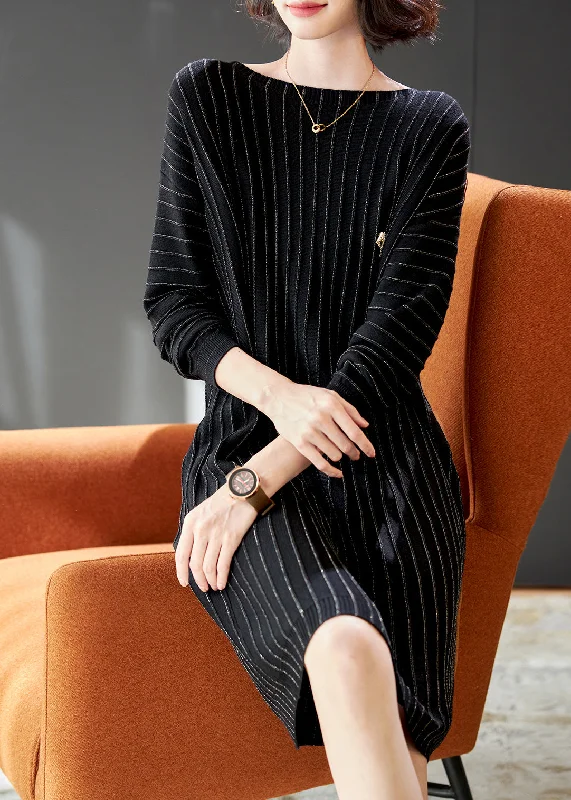 Handmade Black Striped Knit Pullover Streetwear Dress Spring High-low unclassified dresses