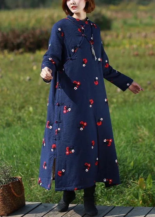 Handmade Navy Embroidery Tunics Stand Collar Robe Spring Dresses Date night unclassified dresses