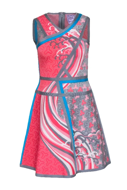 Herve Leger - Coral Pink, Grey, & Blue "Eriko Tidal Wave" Jacquard Dress Sz M Elegant evening unclassified dresses